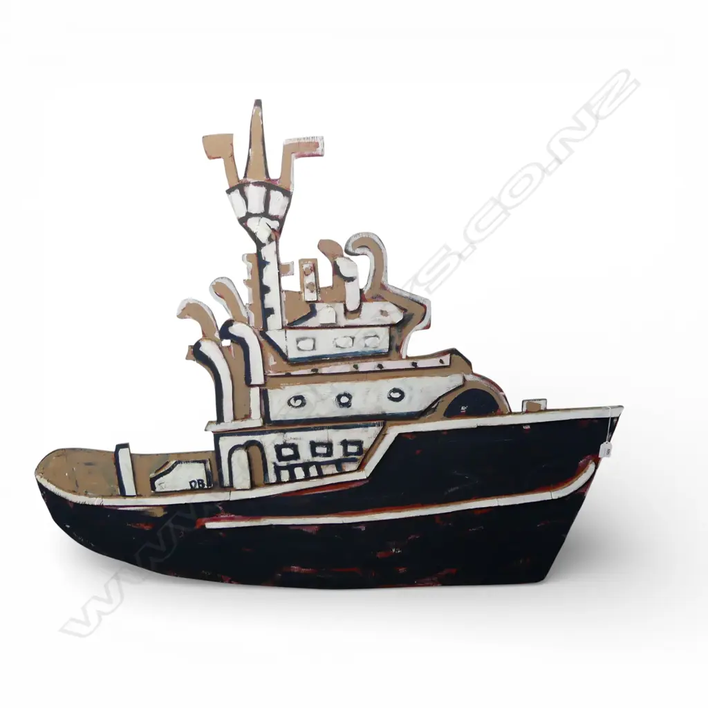 LGE BOAT ARTWORK, ACYRLIC ON CUT OUT PLY BOARD initalled D.B (possibly David Bromley?) 980x1170mm Image 1++