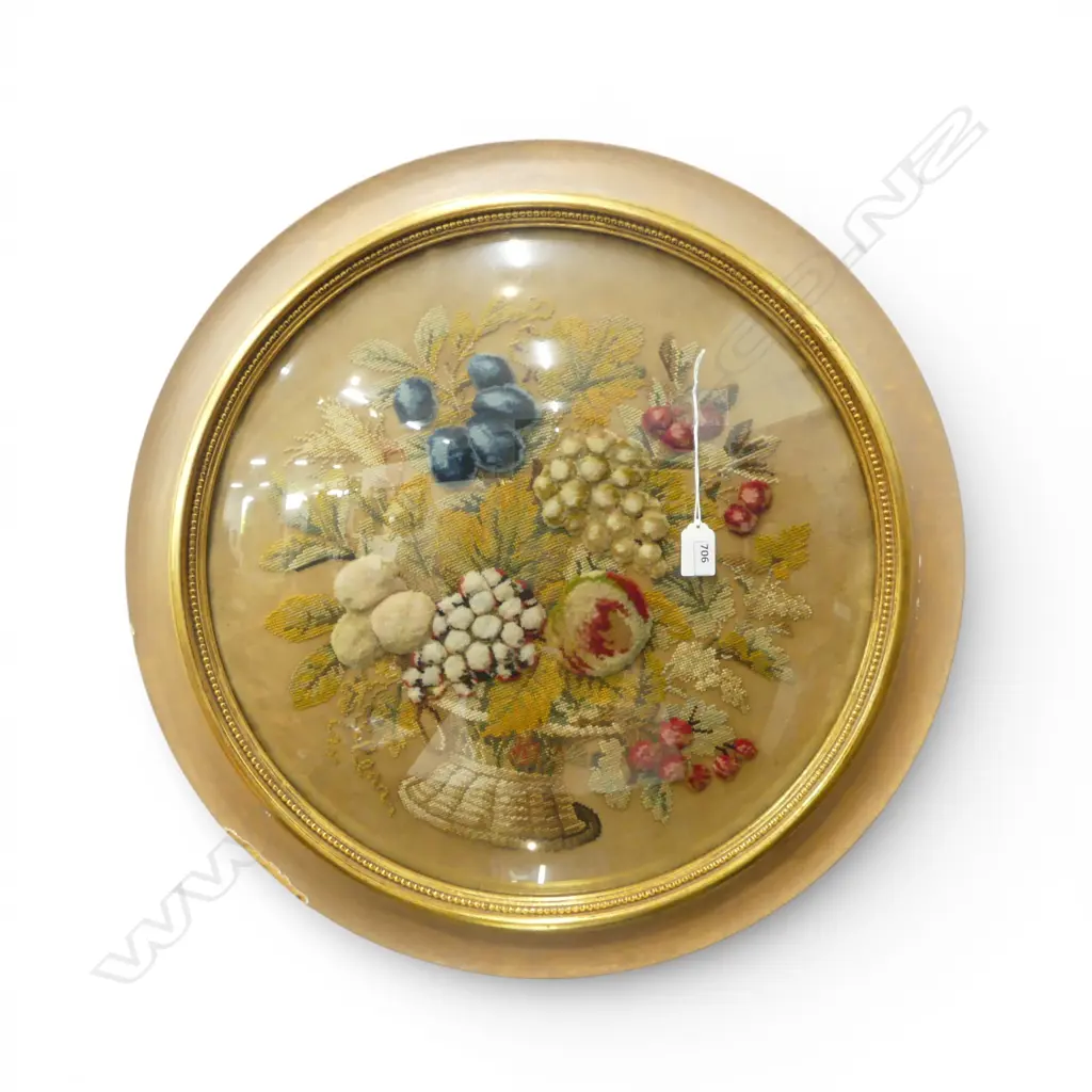 FRAMED BERLIN WOOL WORK; FRUIT BOUQUET 470mm dia (600mm dia overall) fault to frame Image 1++
