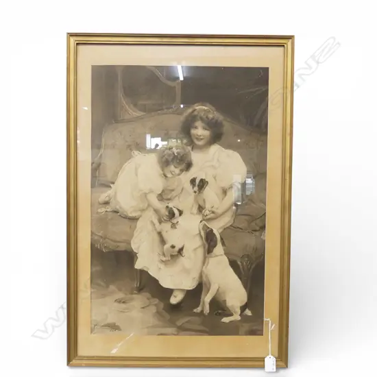 EDWARDIAN ARTHUR ELSLEY PRINT GIRLS & DOGS 610 X 400mm