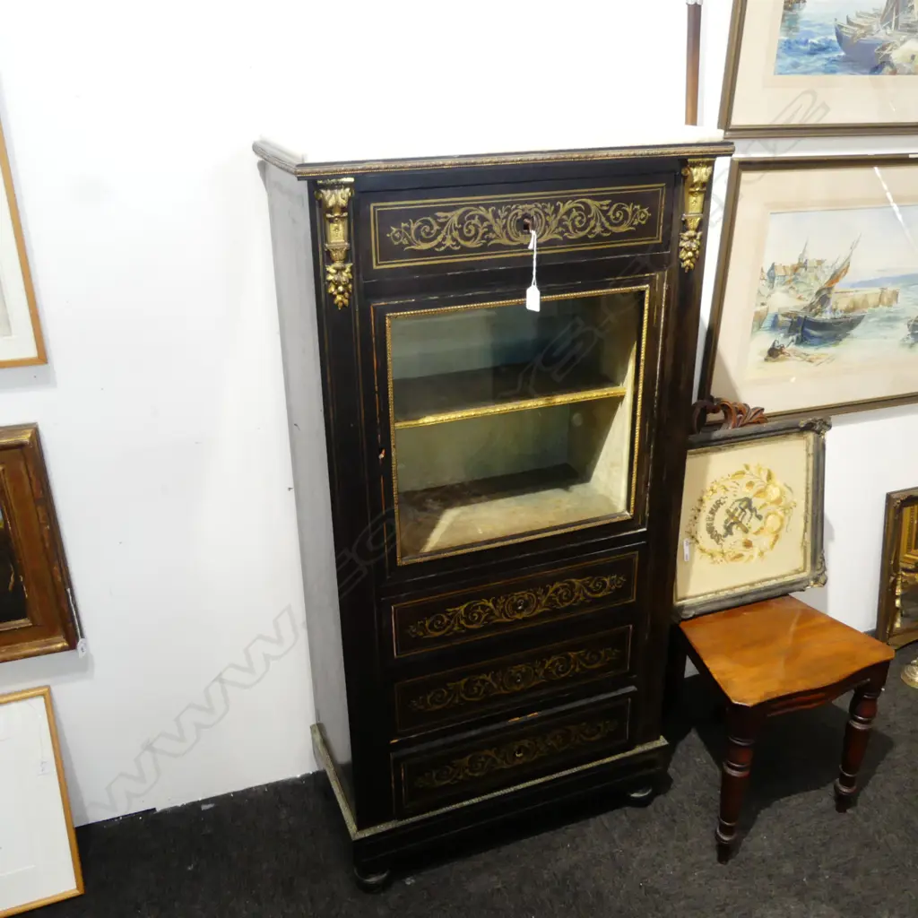 19thC BRASS INLAID FOUR DRAWER DISPLAY CABINET with key 680x355x1370mm Image 1++