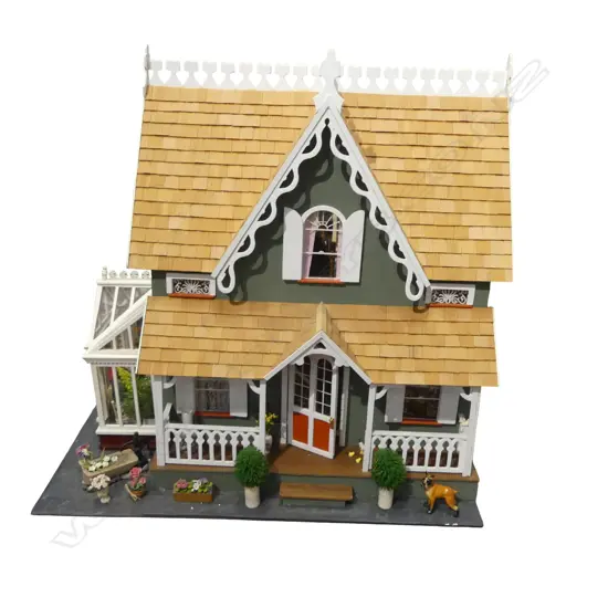 VICTORIAN STYLE DOLLS HOUSE Full facade, two floor,  rear open with clear plastic screen, on swivel base H.620mm