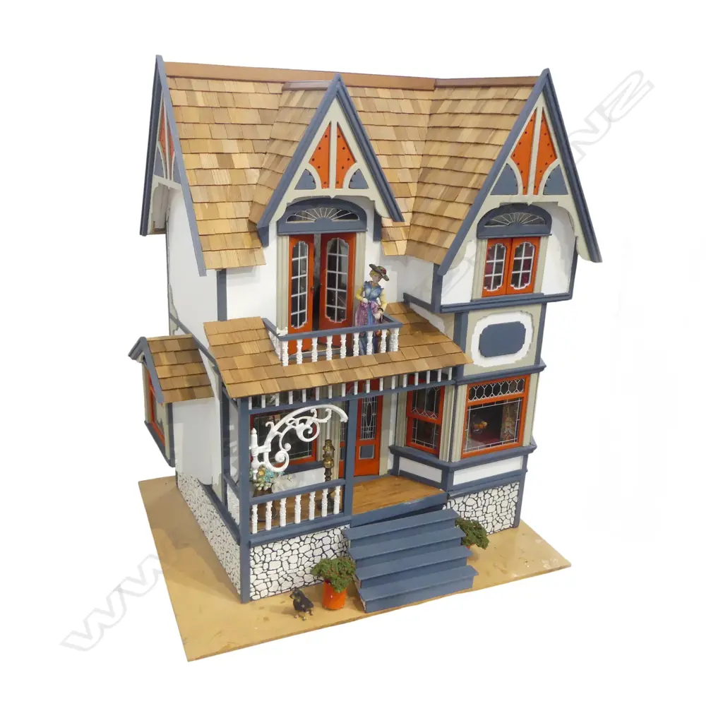 VICTORIAN STYLE DOLLS HOUSE Full facade, three floor, rear open with clear plastic screen, on swivel vase H.755mm Image 1++