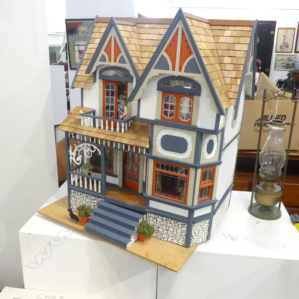 VICTORIAN STYLE DOLLS HOUSE Full facade, three floor, rear open with clear plastic screen, on swivel vase H.755mm Image 1++