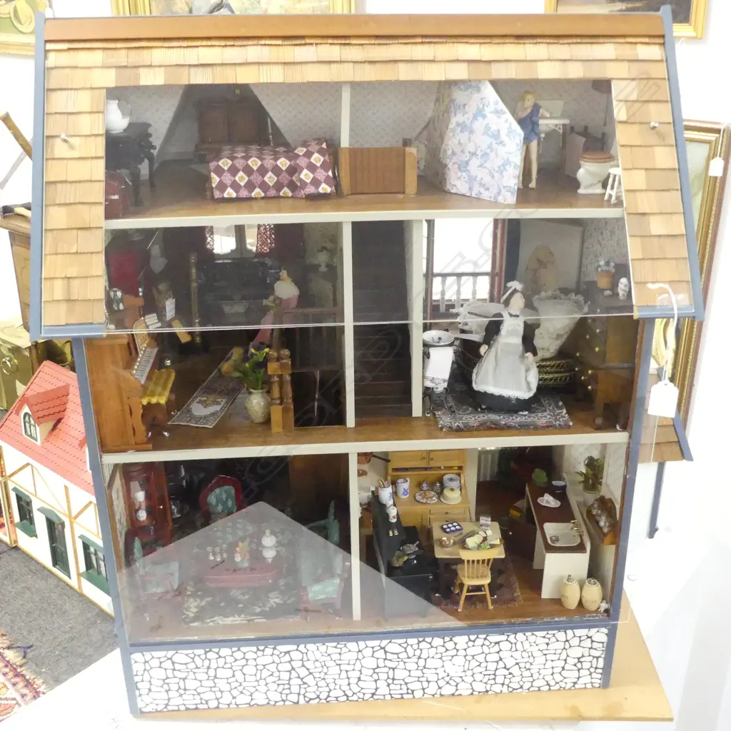 VICTORIAN STYLE DOLLS HOUSE Full facade, three floor, rear open with clear plastic screen, on swivel vase H.755mm Image 1++