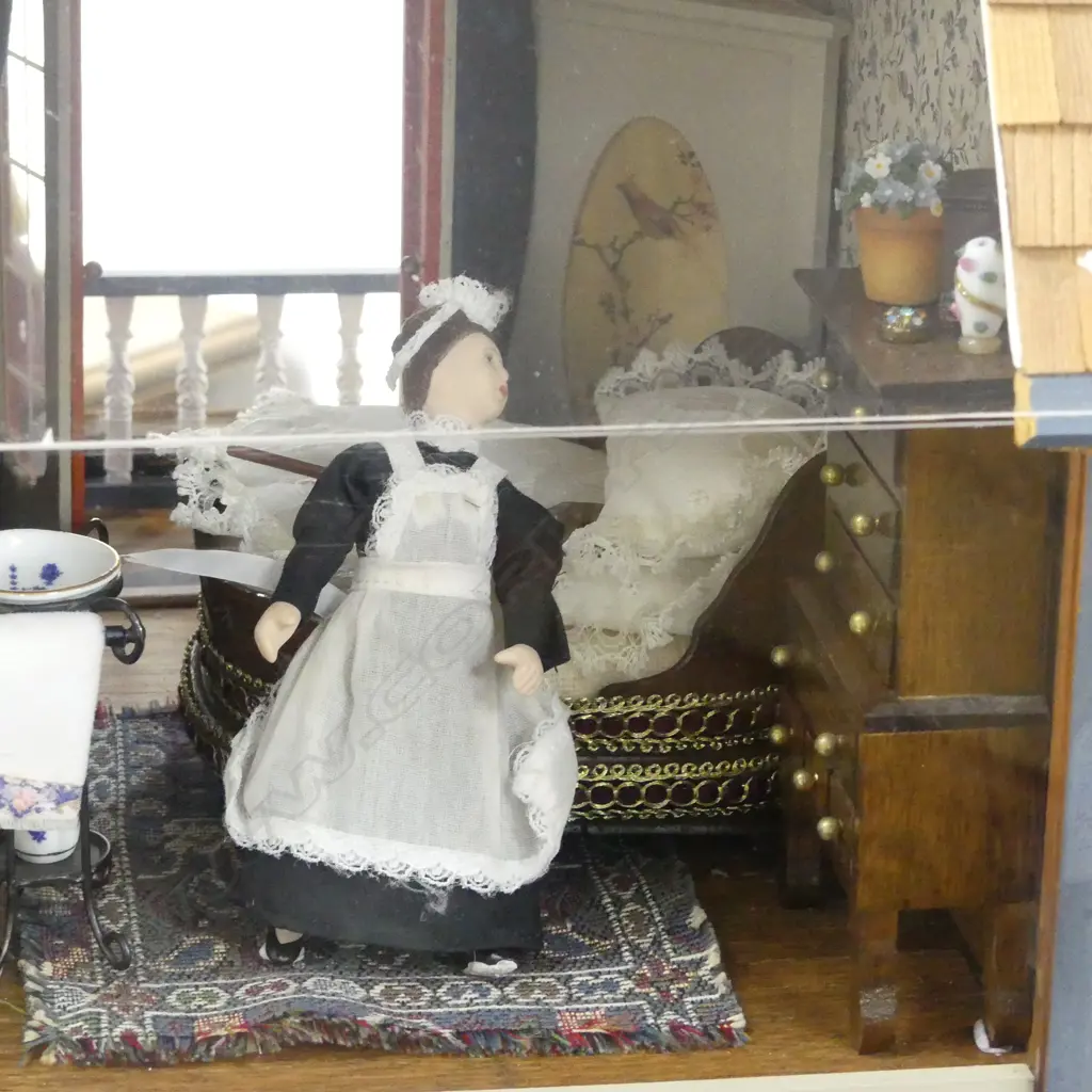 VICTORIAN STYLE DOLLS HOUSE Full facade, three floor, rear open with clear plastic screen, on swivel vase H.755mm Image 1++