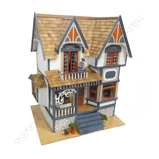 VICTORIAN STYLE DOLLS HOUSE Full facade, three floor, rear open with clear plastic screen, on swivel vase H.755mm