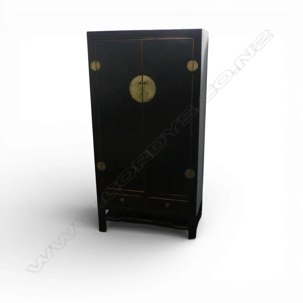 CHINESE DISTRESS BLACK LACQUER WEDDING CABINET / TALL 2 DOOR CUPBOARD above drawers. H.2030mm. W.1035mm Image 1++