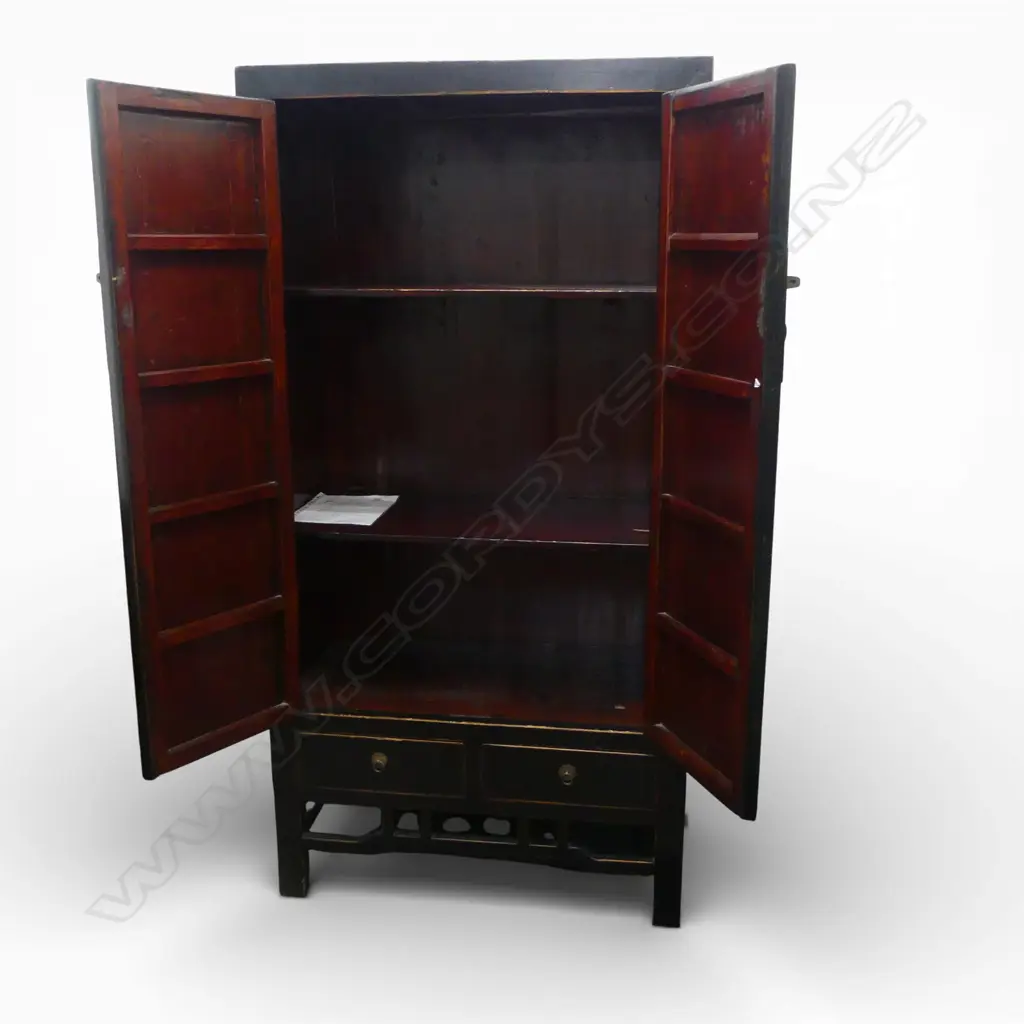CHINESE DISTRESS BLACK LACQUER WEDDING CABINET / TALL 2 DOOR CUPBOARD above drawers. H.2030mm. W.1035mm Image 1++