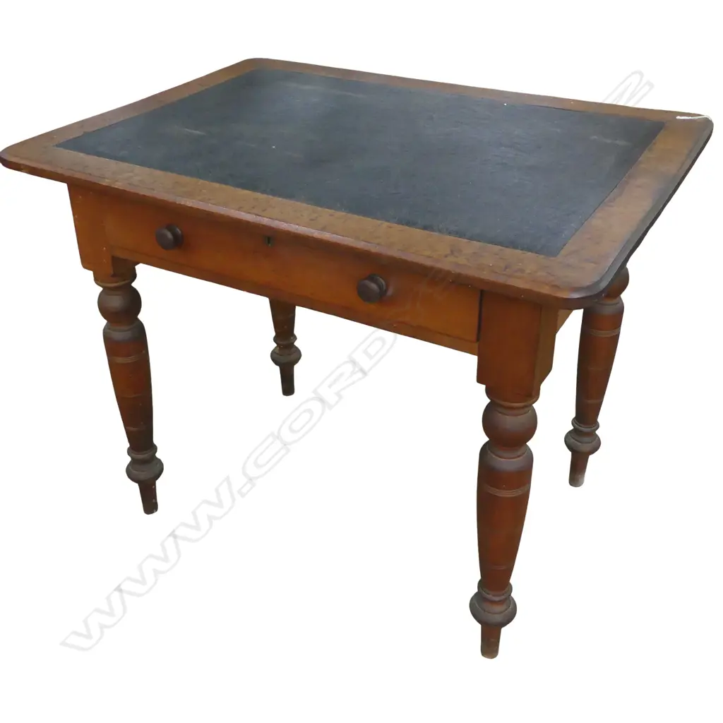 EARLY 20th TABLE w. 1 DRAWER & LEATHER TOP 915x680x730mm OLD BORER SIGN Image 1++