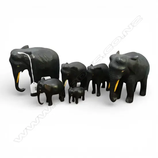 SET OF 5 EBONY ELEPHANTS + 2 OTHER ELEPHANTS some trunks missing H.150mm