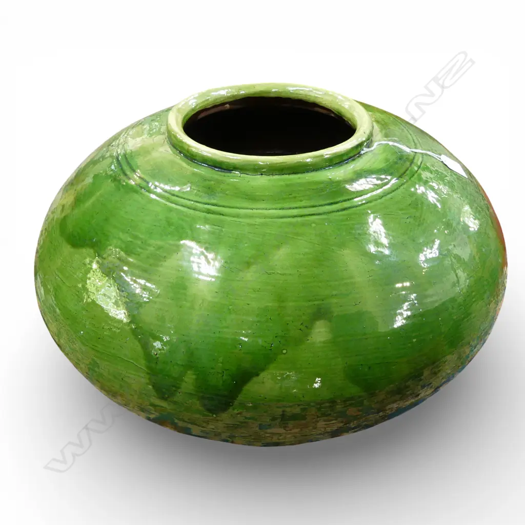LGE GREEN mottled GLAZED pottery GARDEN POT wide circular form. Dia.550mm. H.360mm. Image 1++