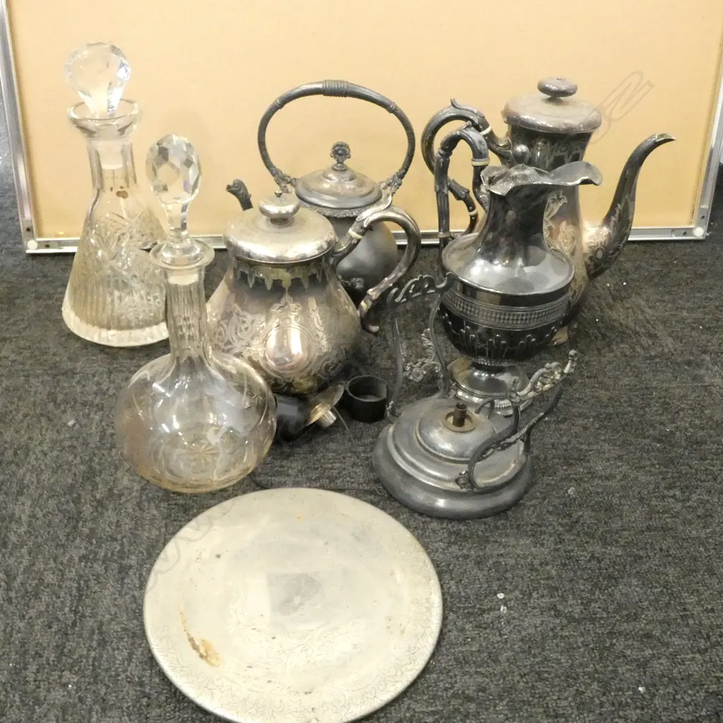 EP TEA POTS, 2 CRYSTAL DECANTERS Image 1++