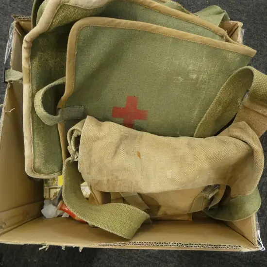 2 CANVAS MILITARY BAGS, LIFE MAGAZINES, VINTAGE NEWSPAPERS, SOAPS ETC