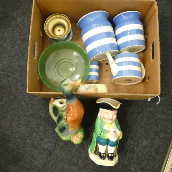 ASST. CHINA; 2 CORNISHWARE LIDDED CONTAINERS, 2 PCES T. G. GREEN, 2 JUGS - DUCK & TOBY 