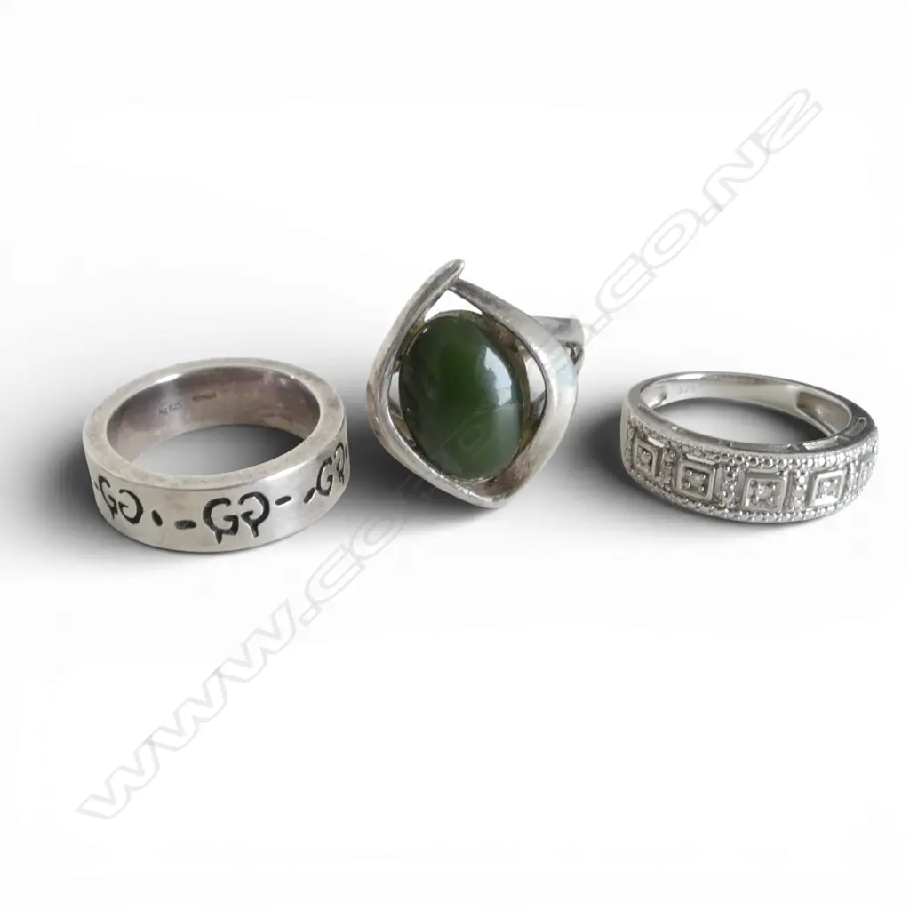 3 STG SILVER RINGS, (GUCCI SIZE M) (1 with small diamonds size N)  GREENSTONE size O 14.8gms Image 1++