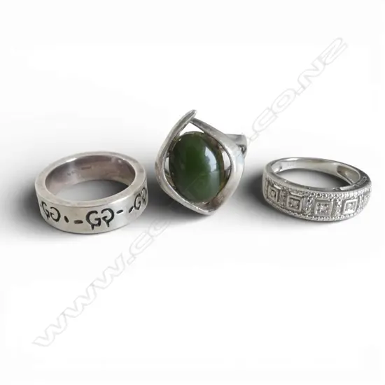 3 STG SILVER RINGS, (GUCCI SIZE M) (1 with small diamonds size N)  GREENSTONE size O 14.8gms