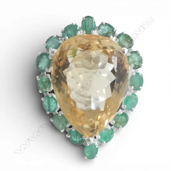 VERY LARGE SILVER CITRINE & EMERALD RING SIZE T