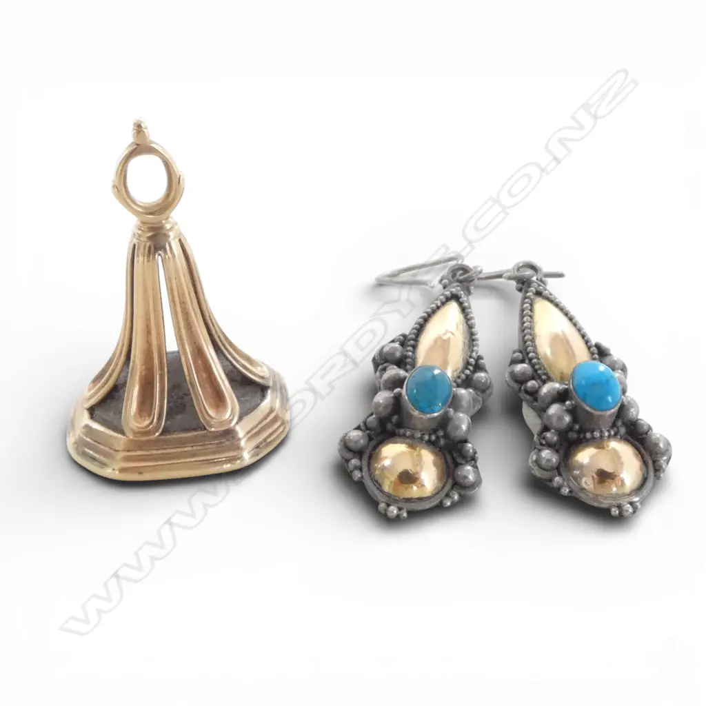 PR ANTIQUE 22ct G/PLATE & SILVER EARRINGS + GOLD PLATE FOB SEAL Image 1++