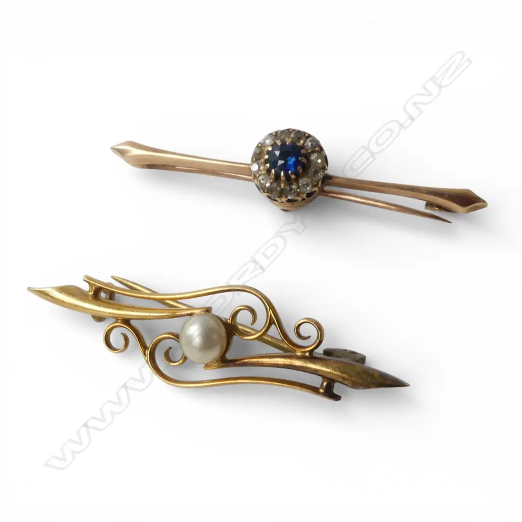 2 ANTIQUE 15ct GOLD BAR BROCHES; PEARL, SAPHIRE & DIAMOND, TW 6.80gms Image 1++