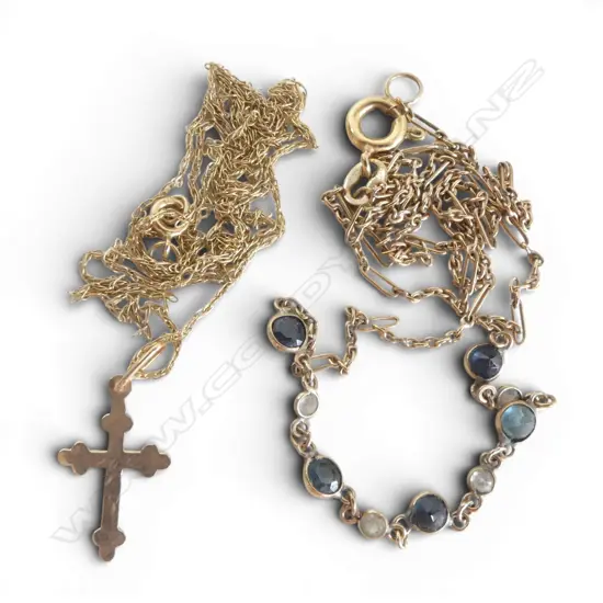 2 GOLD NECKLACES; 9CT w. CROSS PENDANT 0.8gms, 8CT w. SAPPHIRES & WHITE STONES 1.9gms