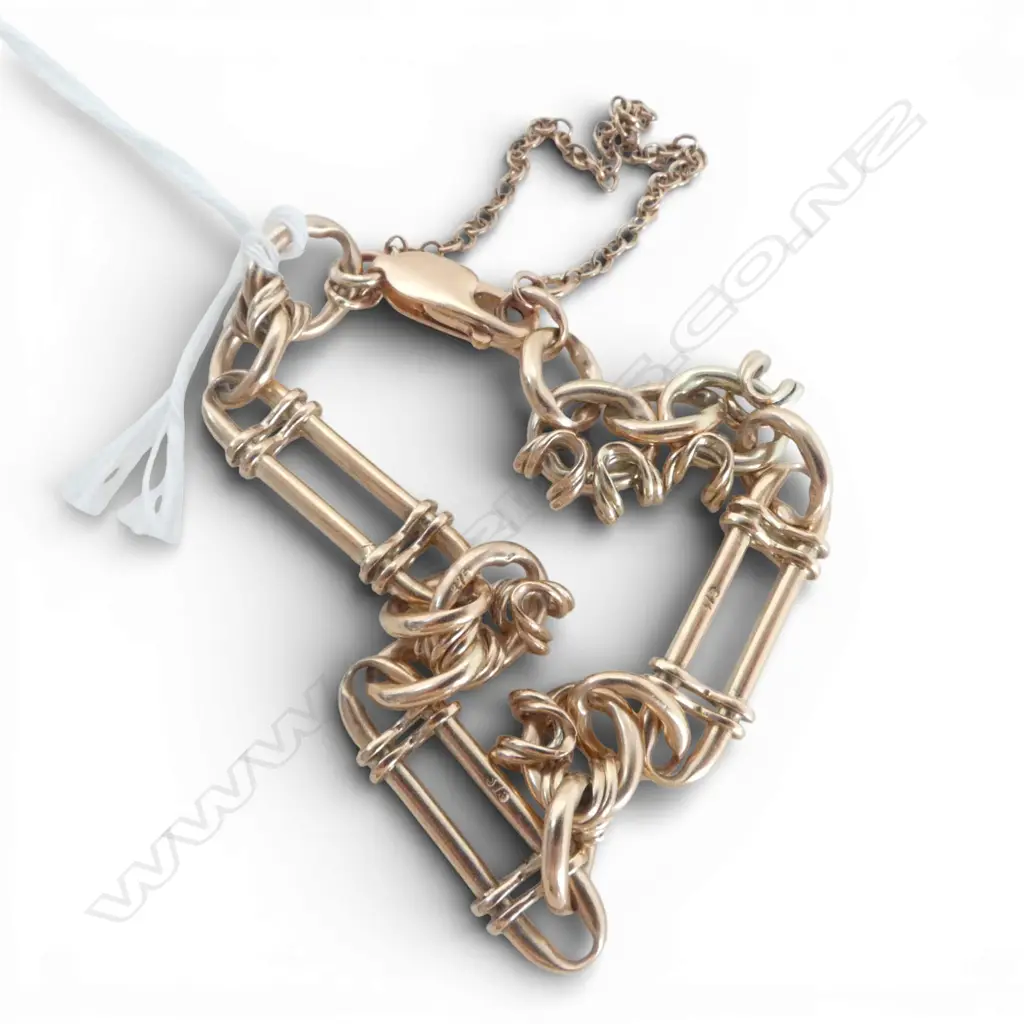 c1900 9ct ROSE GOLD FANCY banded RAIL LINK BRACELET w modern 9ct clasp 16.75gms Image 1++