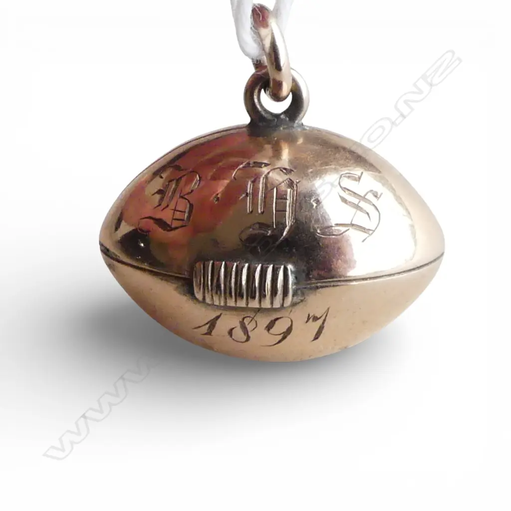 Rare 9ct ROSE GOLD RUGBY BALL fob medallion prize to 'G.C. Martin 7 Aside B.H.S 1897' 3.65gms Image 1++