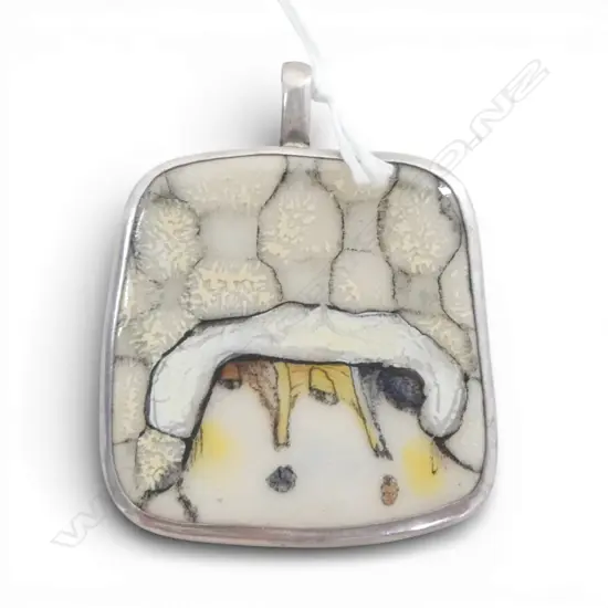 Vintage Polish Ceramic & silver lge pendant  by the late Maria Różańska & Edward Drozdowski. Marks verso. 67 x 50mm.