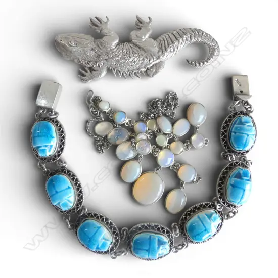 STG SILVER TUATARA BROOCH 35x80m, EGYPTIAN SILVER BRACELET, MOONSTONE NECKLACE AF