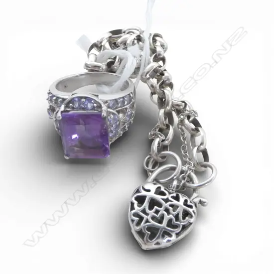 S/SILVER BRACLET & S/SILVER AMETHYST RING  SIZE L TOTAL WEIGHT16GMS