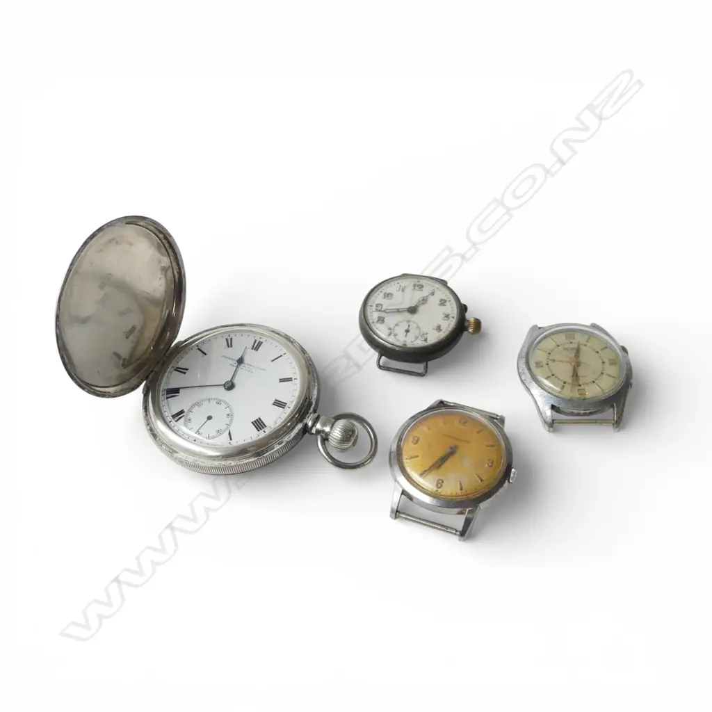 4 OLD WATCHES as is: silver pocket watch + silver trench watch + Pierpont + Eternamatic Image 1++