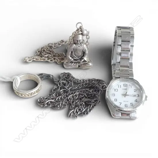 3 PCES STG SILVER JEWELLERY; 2 NECKLACES (1 w. BUDDHA PENDANT), SILVER & GOLD RING 69.6gms + WRIST WATCH