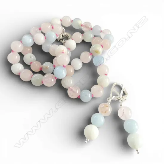 MORGANITE BEAD NECKLACE & EARRING SET silver continental locks