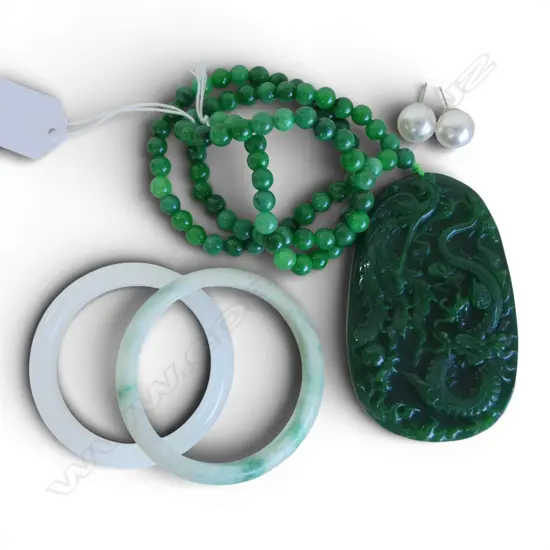 2 JADE? BANGLES + PENDANT NECKLACE + PR LARGE FAUX PEARL STUD EARRINGS