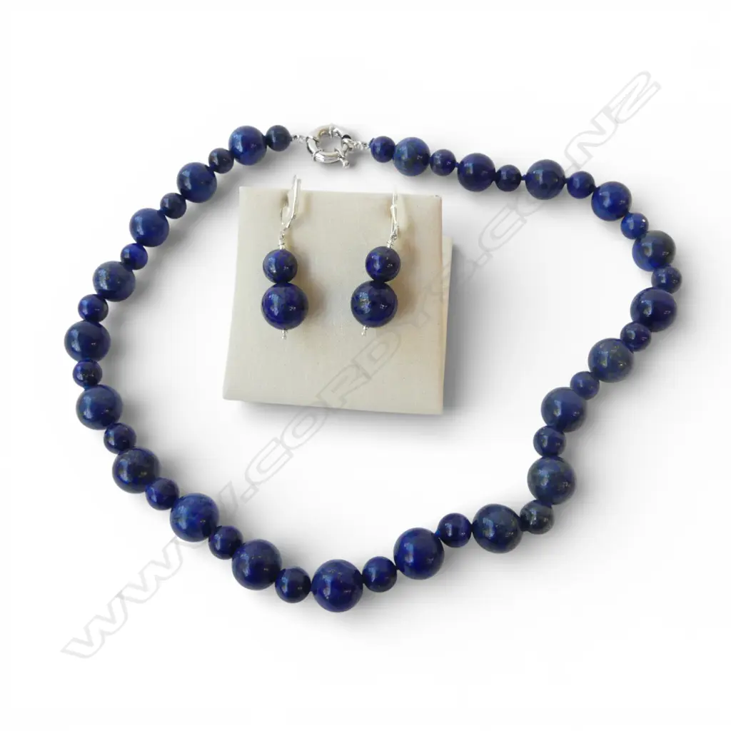 LAPIS LAZULI BEAD NECKLACE & EARRING SET silver continental locks Image 1++
