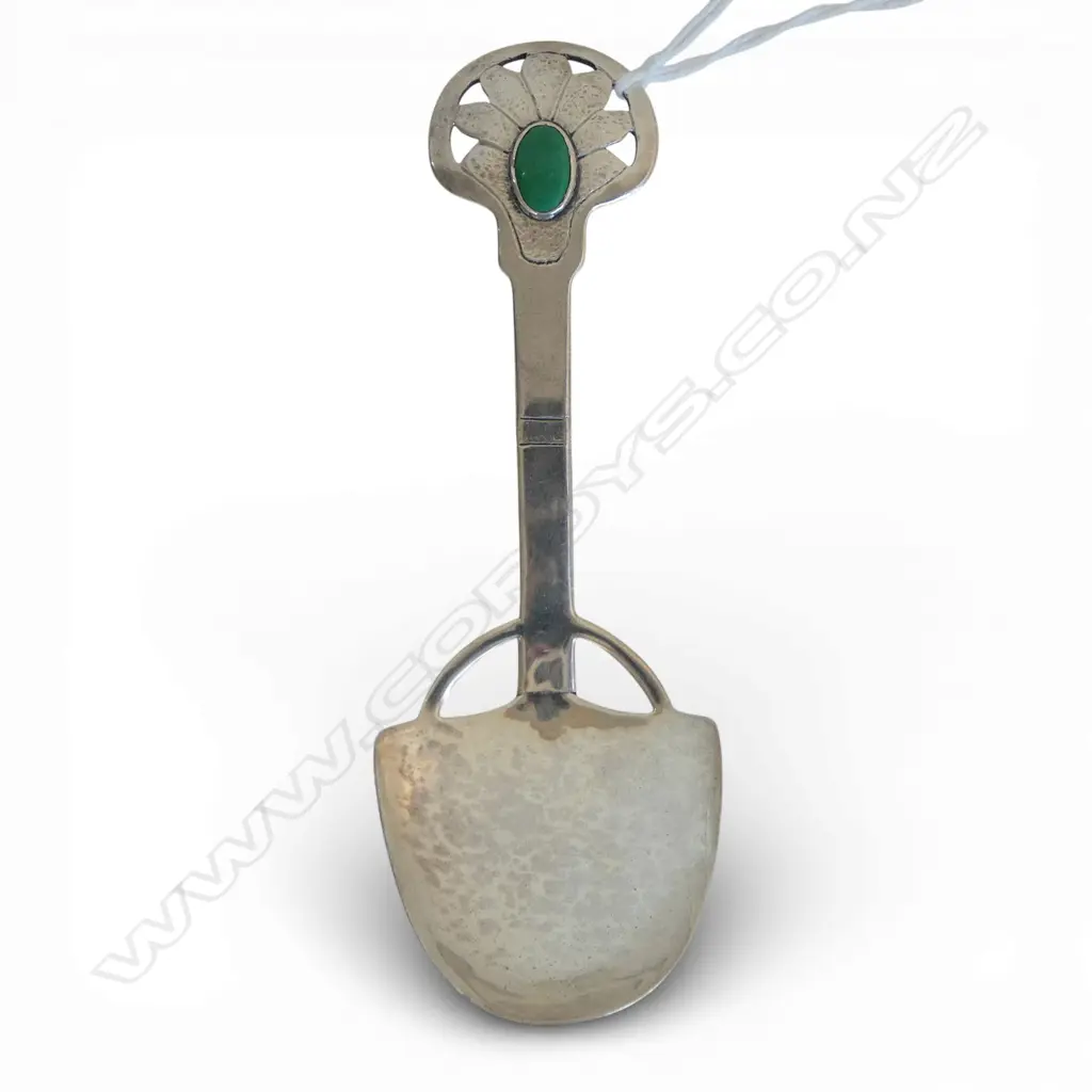 ARTS & CRAFTS SILVER SPOON with green jewelled handle. Unsigned.  Possibly Reuben Watts or Alfred Atkinson L.130mm. Image 1++