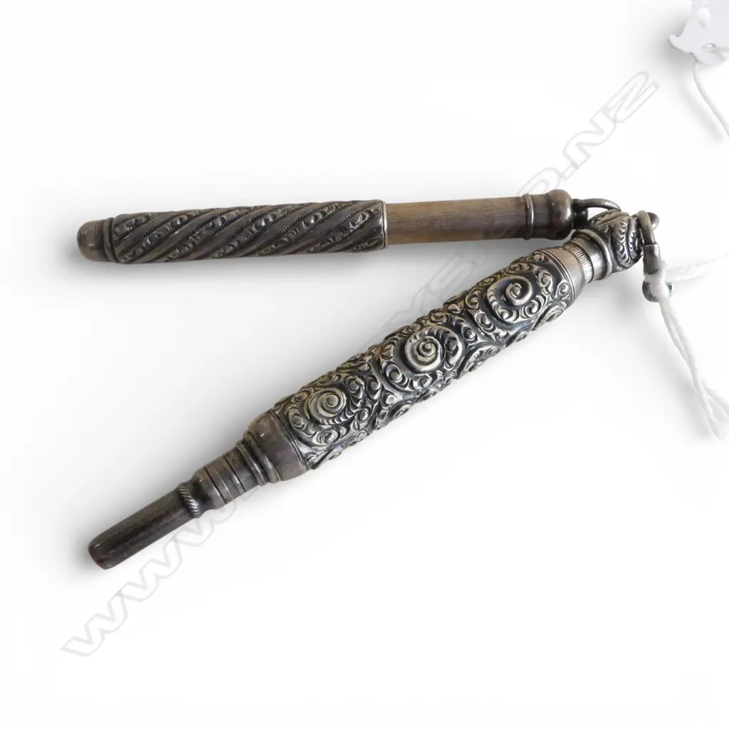 2 ANTIQUE STERLING SILVER FANCY PROPELLING PENCILS 33gms Image 1++