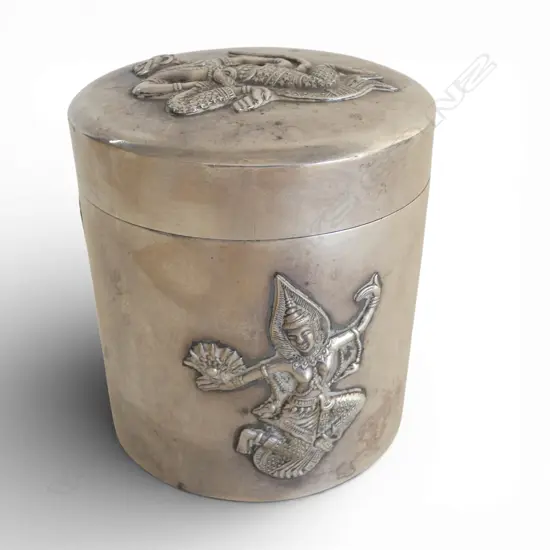 925 THAI SILVER LIDDED CANNISTER with dancing figures 210gms