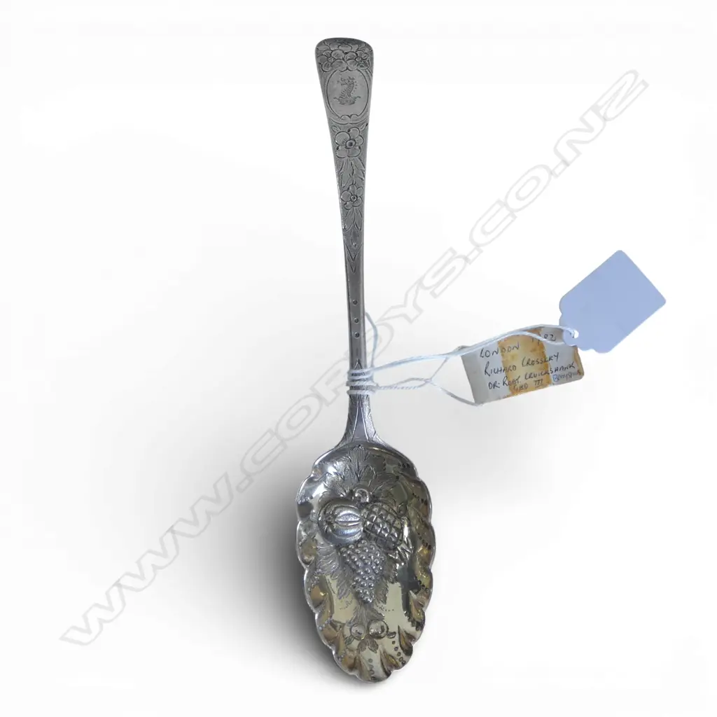 London 1782 GEORGE III SILVER BERRY SPOON crested with a demi dragon 65gms Image 1++