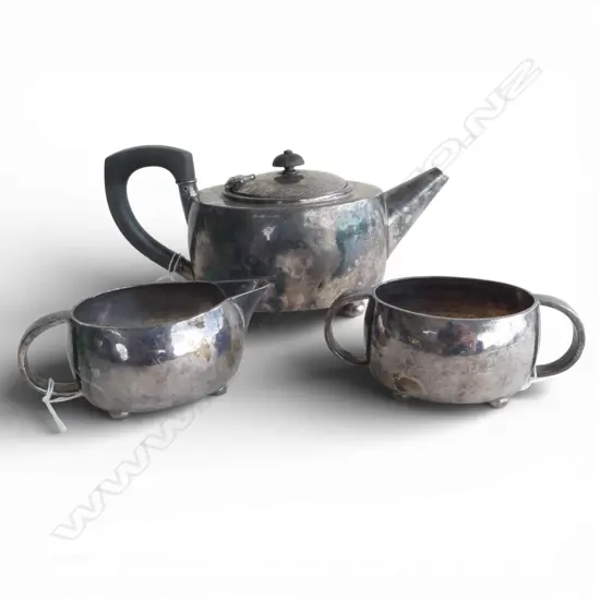TUDRIC PEWTER TEAPOT, MILK & SUGAR for LIBERTY & CO, numbered to bases