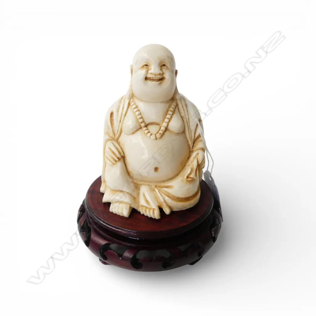 Early / mid 20thC solid ivory carved seated buddha H.85mm. On carved wood stand 120mm. Image 1++
