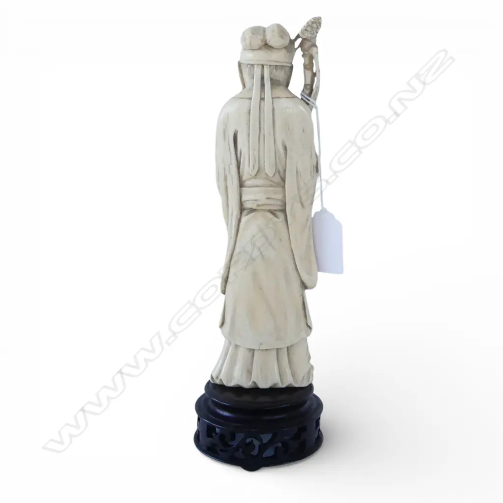 JAPANESE MARINE IVORY FIGURE; OLD MAN w. WALKING STICK & PEONY FLOWER H.240mm Image 1++