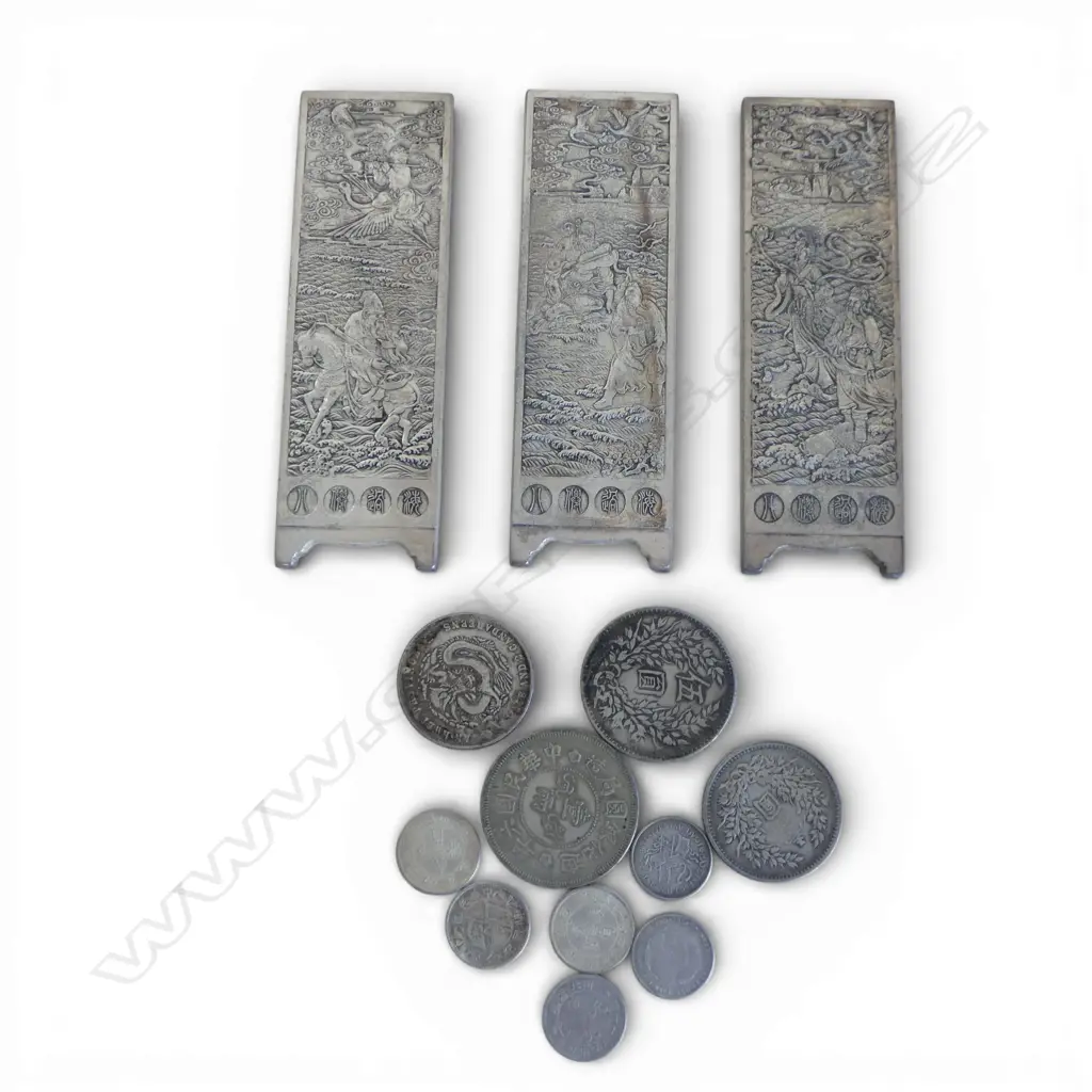 3 CHINESE WHITE METAL (PROBABLY ZINC) PANELS 150x50mm + ASST. REPRODUCTION COINS Image 1++