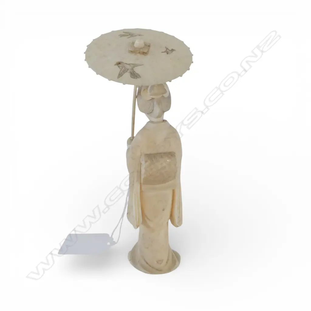JAPANESE IVORY FIGURE; WOMAN IN KIMONO w. PARASOL H.145mm Image 1++