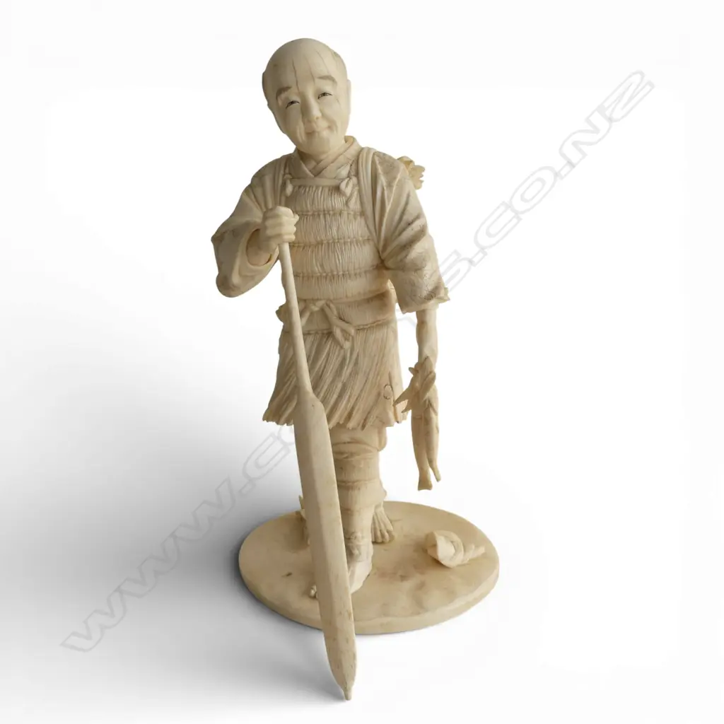 JAPANESE IVORY FISHERMAN FIGURE H.220mm SIGNED TO BASE. PIECES LOOSE Image 1++