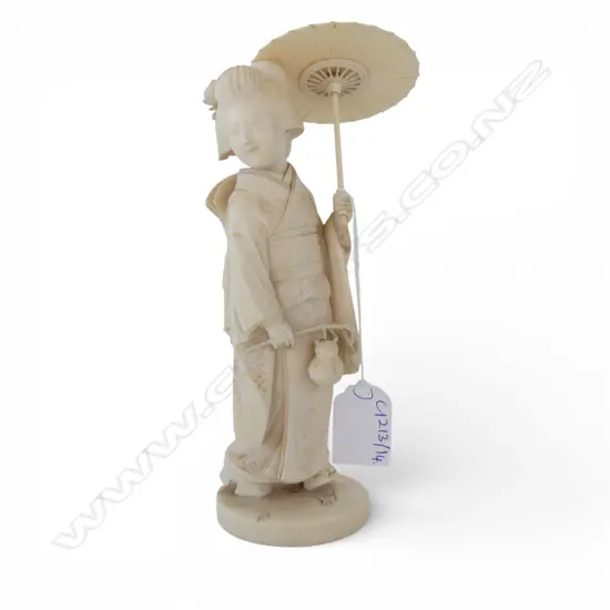 JAPANESE IVORY FIGURE; WOMAN IN KIMONO w. PARASOL H.190mm SIGNED TO BASE