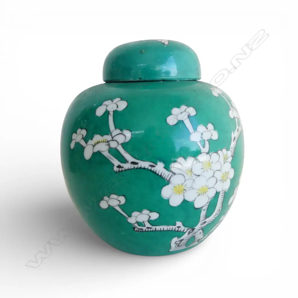 CHINESE GREEN GLAZED BLOSSEM PAINTED LIDDED GINGER JAR H150MM Image 1++
