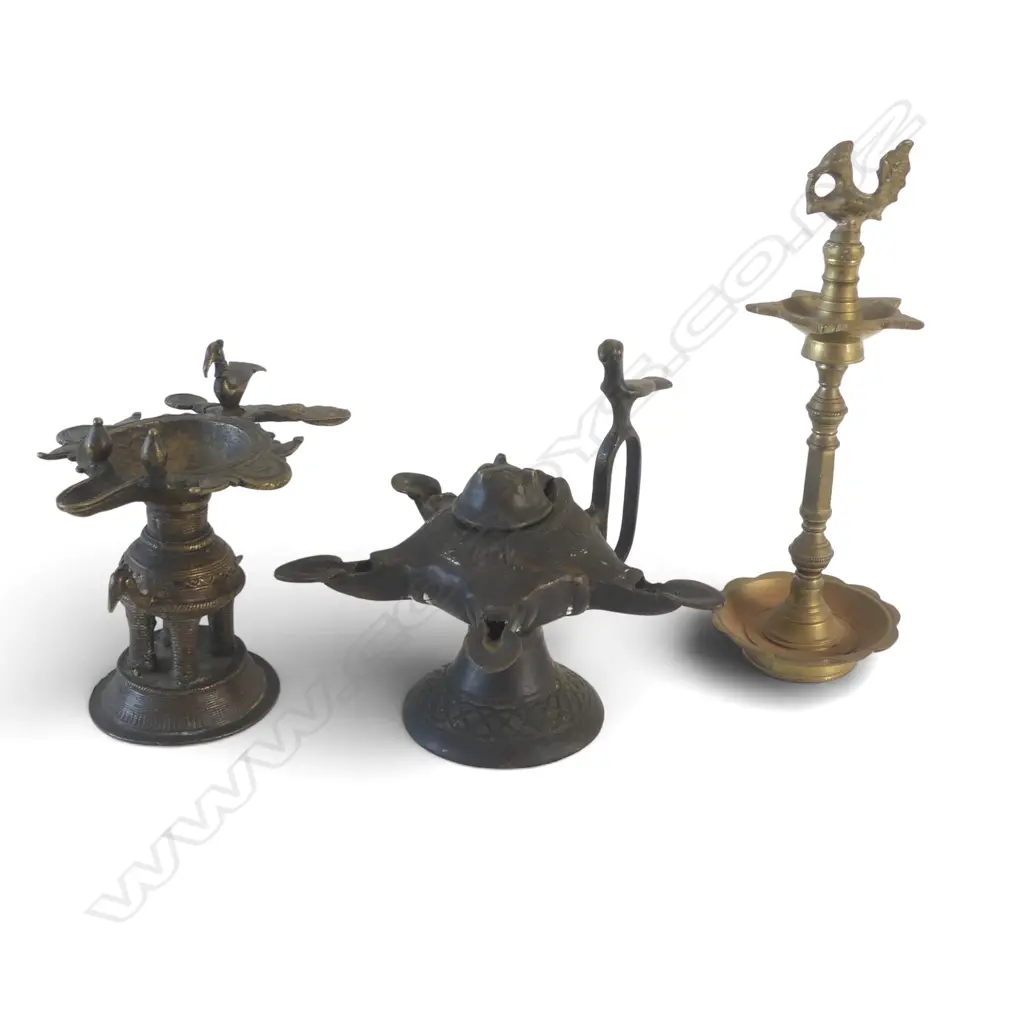 3 OLD BRONZE EASTERN OIL LAMPS: 1 lidded 4 spout. All with bird finials Image 1++