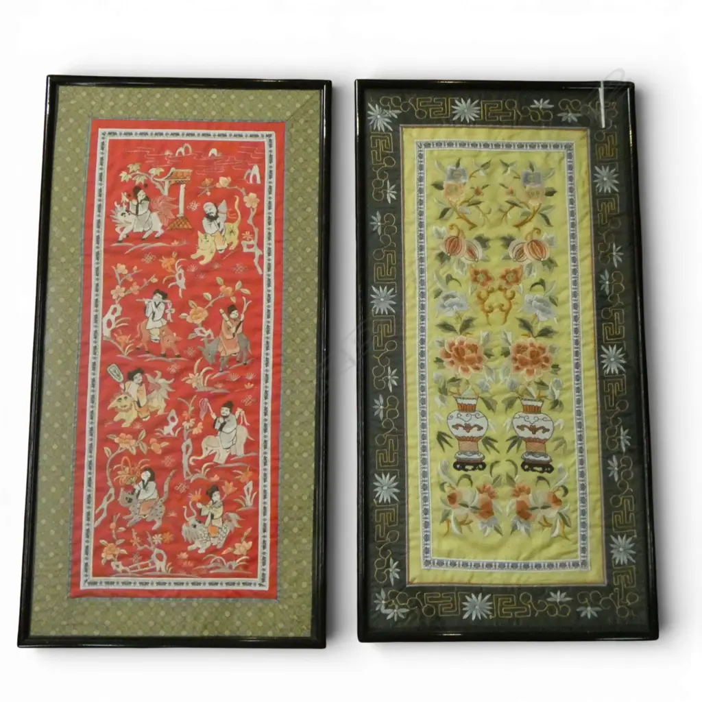 2 ORIENTAL FRAMED EMBROIDERIES 665x330mm Image 1++