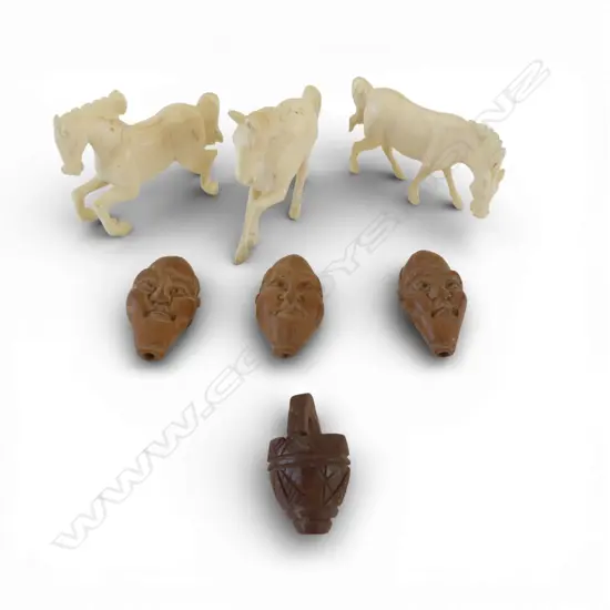 4 OLD CHINESE CARVED PEACH PIP BEADS: 3 faces + basket. some splits + 3 ivory carved horses