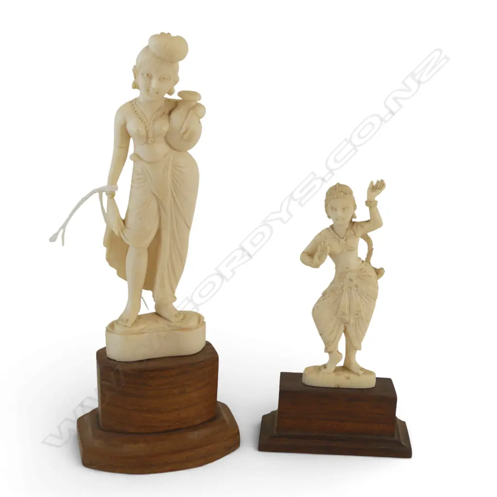 2 INDIAN FINELY CARVED IVORY WOMAN FIGURES on wood stands H.145mm Image 1++